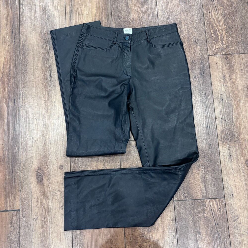 VTG Armani Collezioni 100% Leather Straight Pants Black EUC Size 6 Italy Made - Picture 2 of 10